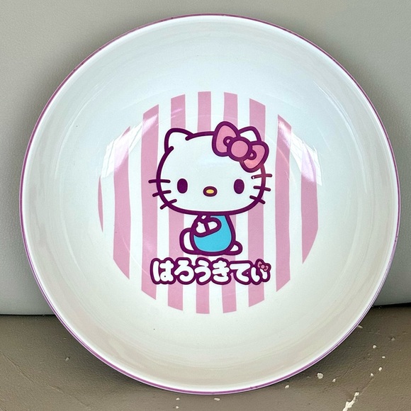 Hello Kitty Ceramic Bowl Serving Plate - Pink Stripes - Picture 1 of 5